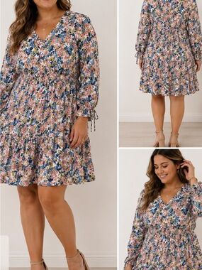 Taylor Floral V-Neck Mini Dress — Pink, Blue & Cream